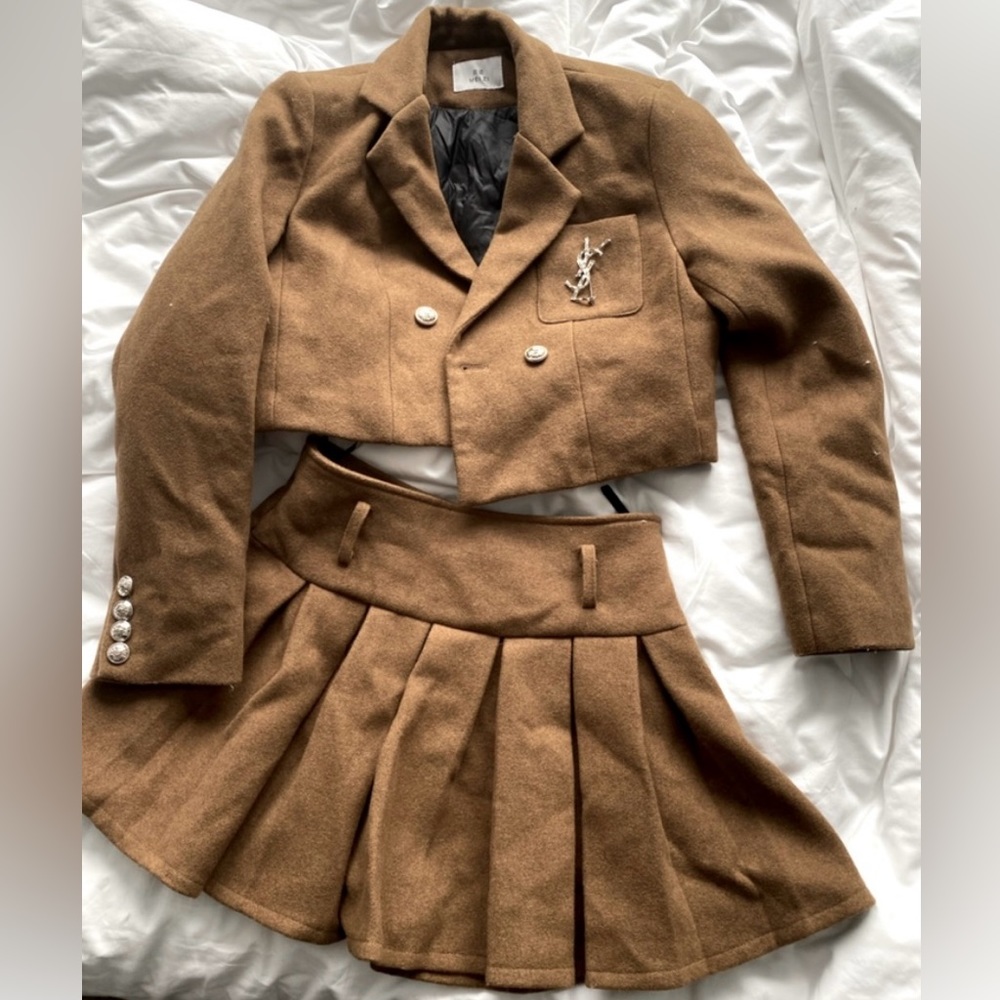 Skirt and Cropped Jacket Set with YSL brooch